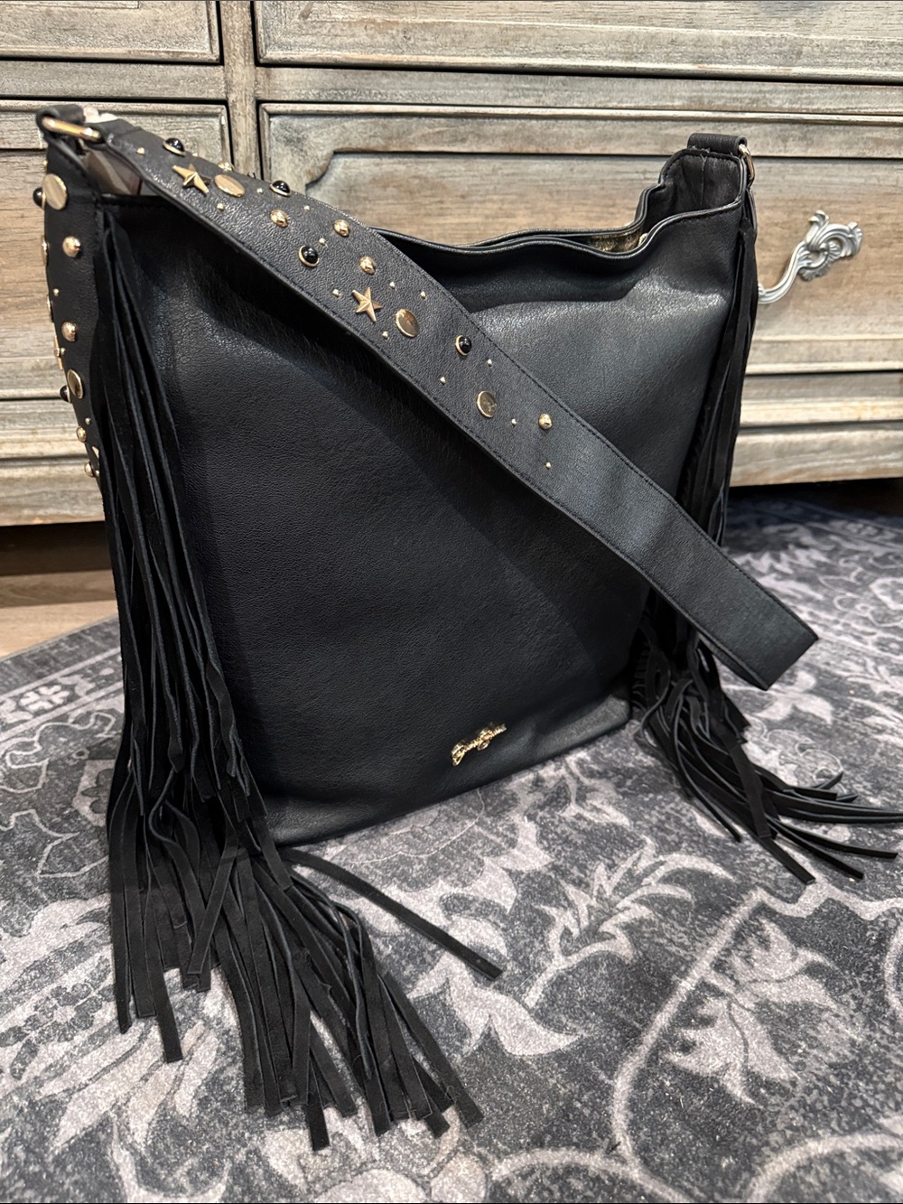 Jessica Simpson Black  Fringe Shoulder Bag with Gold Stud Detail *NWT